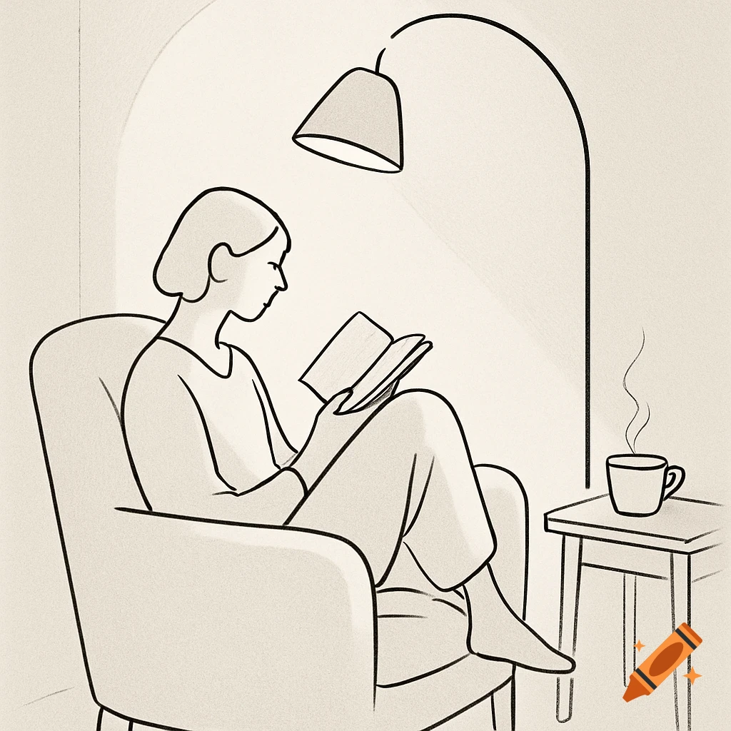 A minimalist line drawing of a person sitting in an armchair, reading a book under a floor lamp, with a steaming mug on a side table.