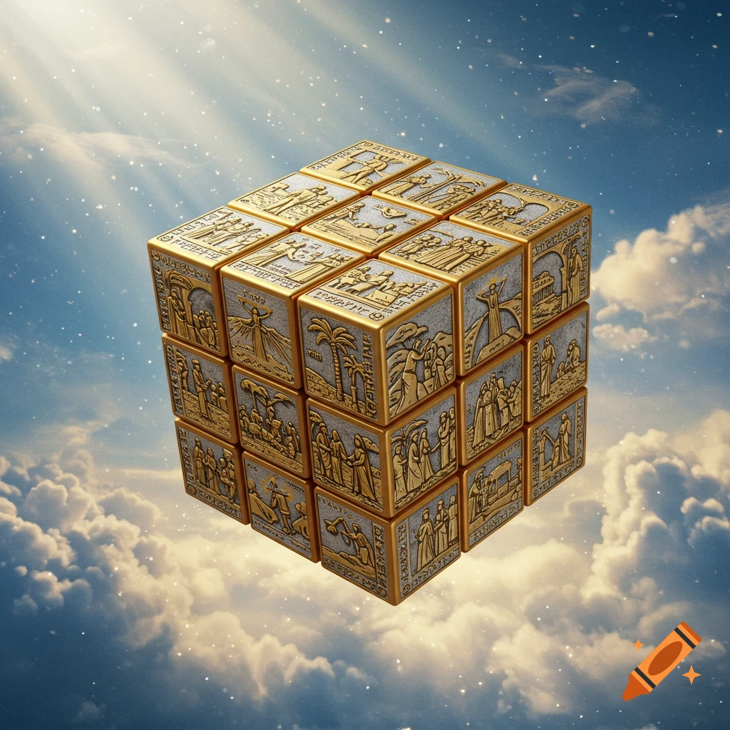 A golden Rubik's cube adorned with intricate biblical scenes and symbols, floating amidst a serene, cloudy sky with sun rays.
