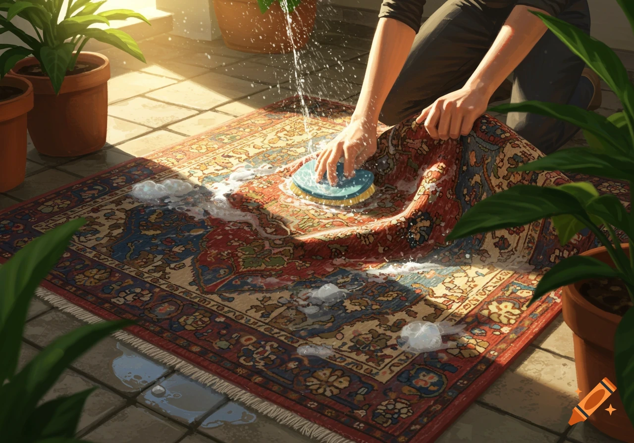 A person kneels on a sunlit tiled patio, scrubbing a colorful area rug with a brush, creating suds and splashes, with potted plants.