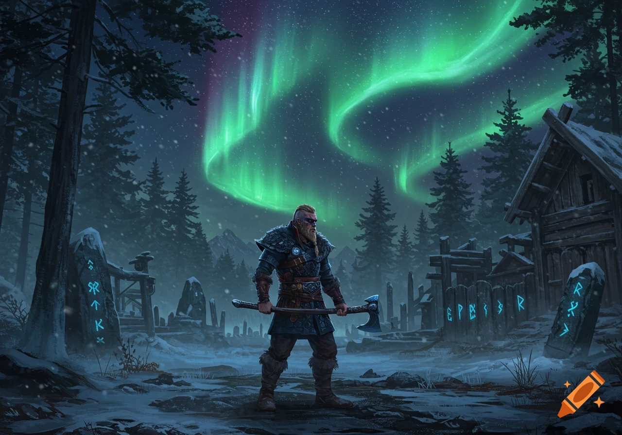 A Viking-like warrior with an axe stands in a snowy forest under the Northern Lights, surrounded by runestones and wooden structures.