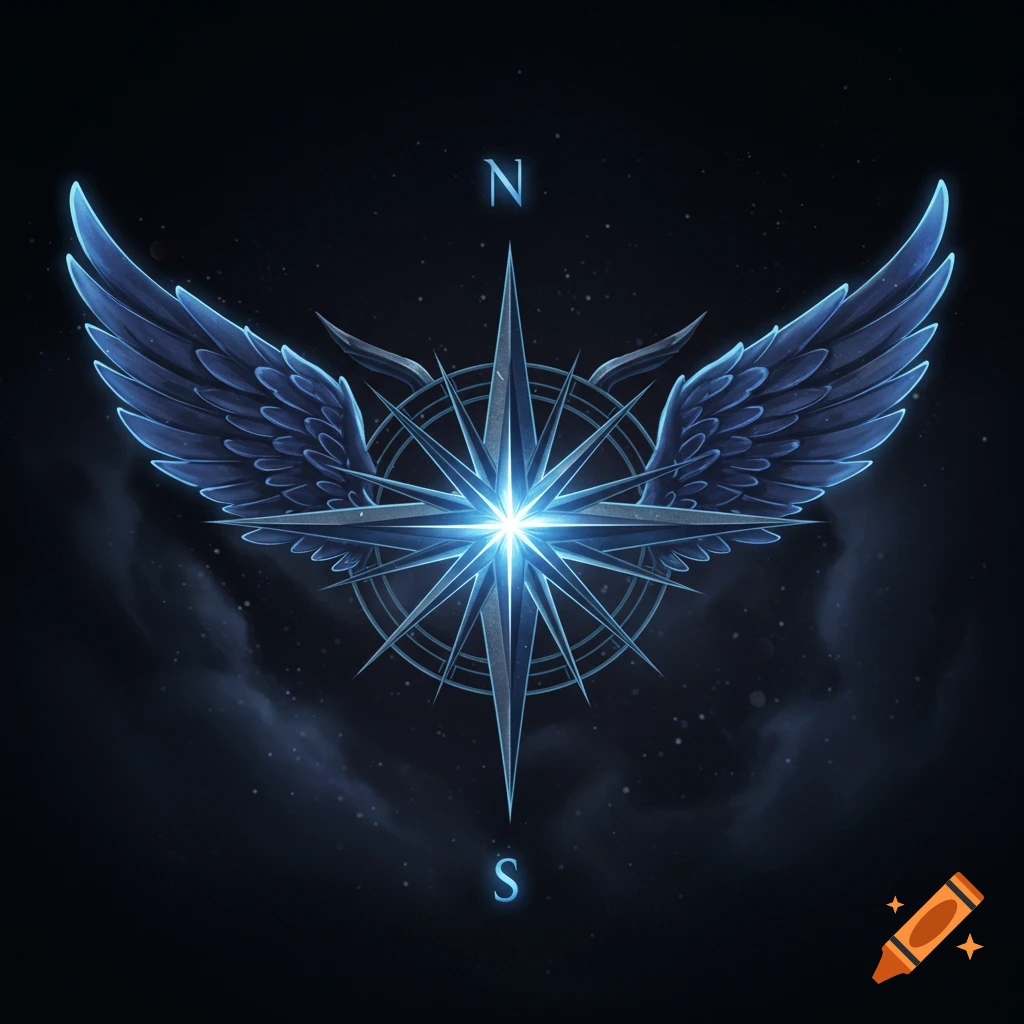 A glowing blue compass rose with intricate wing-like points on a dark, smoky background, with 'N' and 'S' indicators.