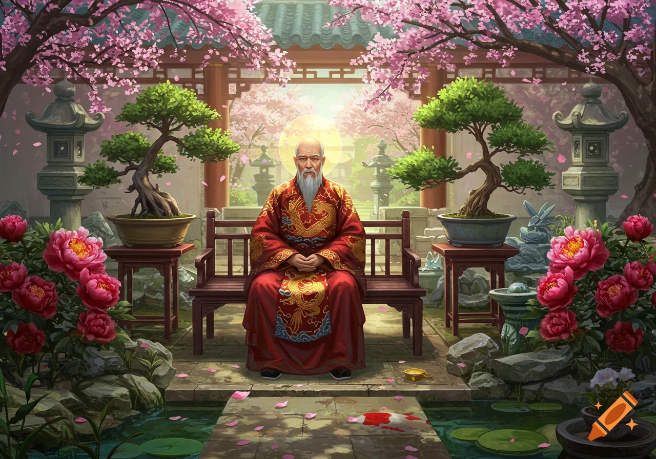 An old man with a long white beard in traditional attire sits on a bench in a vibrant Asian garden with cherry blossoms, bonsai, peonies, and a koi pond.
