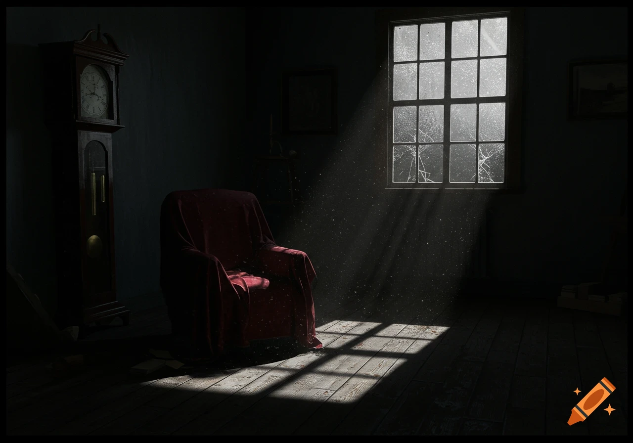 A dark, moody room with a grandfather clock, a red draped armchair, and sunlight illuminating dust through a cracked window.