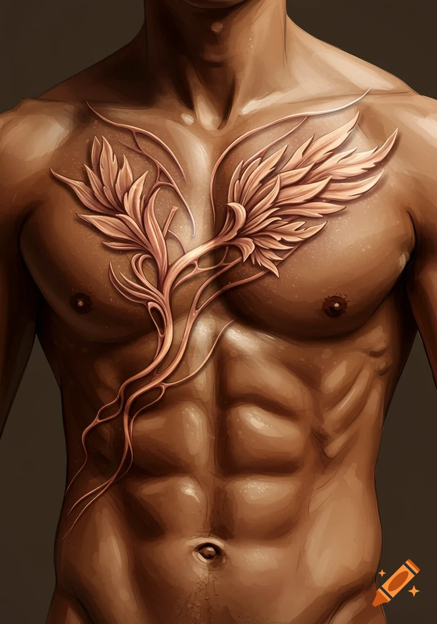 Close-up of a muscular man's tanned torso with an intricate bronze leaf-like tattoo on his chest and abdomen in a photorealistic style.