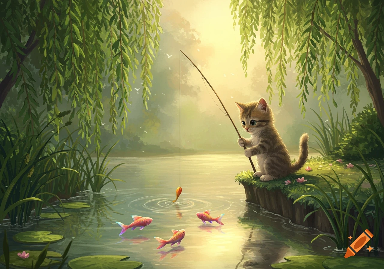 A cute tabby kitten sits on a grassy riverbank, holding a fishing rod over the water with colorful fish swimming nearby. Stylized illustration.