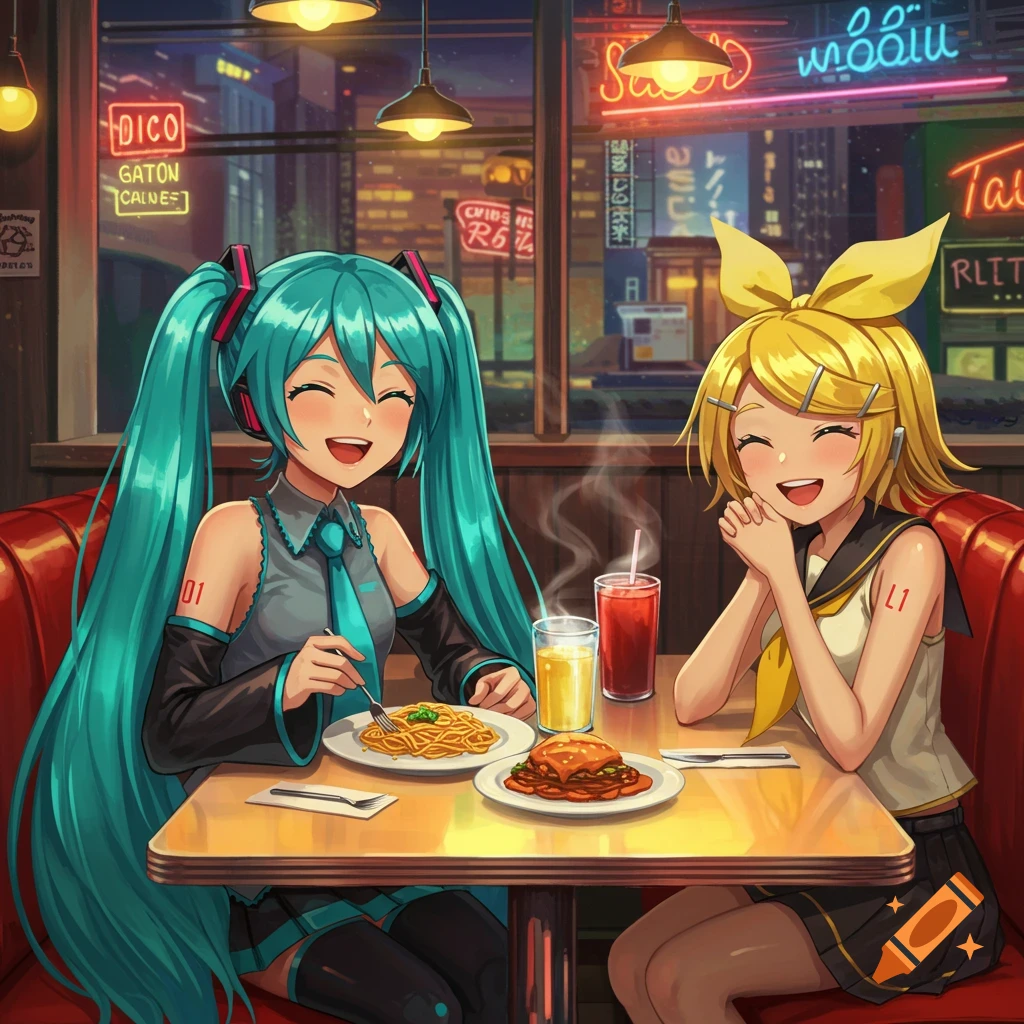 Hatsune Miku and Kagamine Rin laugh while eating spaghetti and a burger at a diner in an anime style illustration.