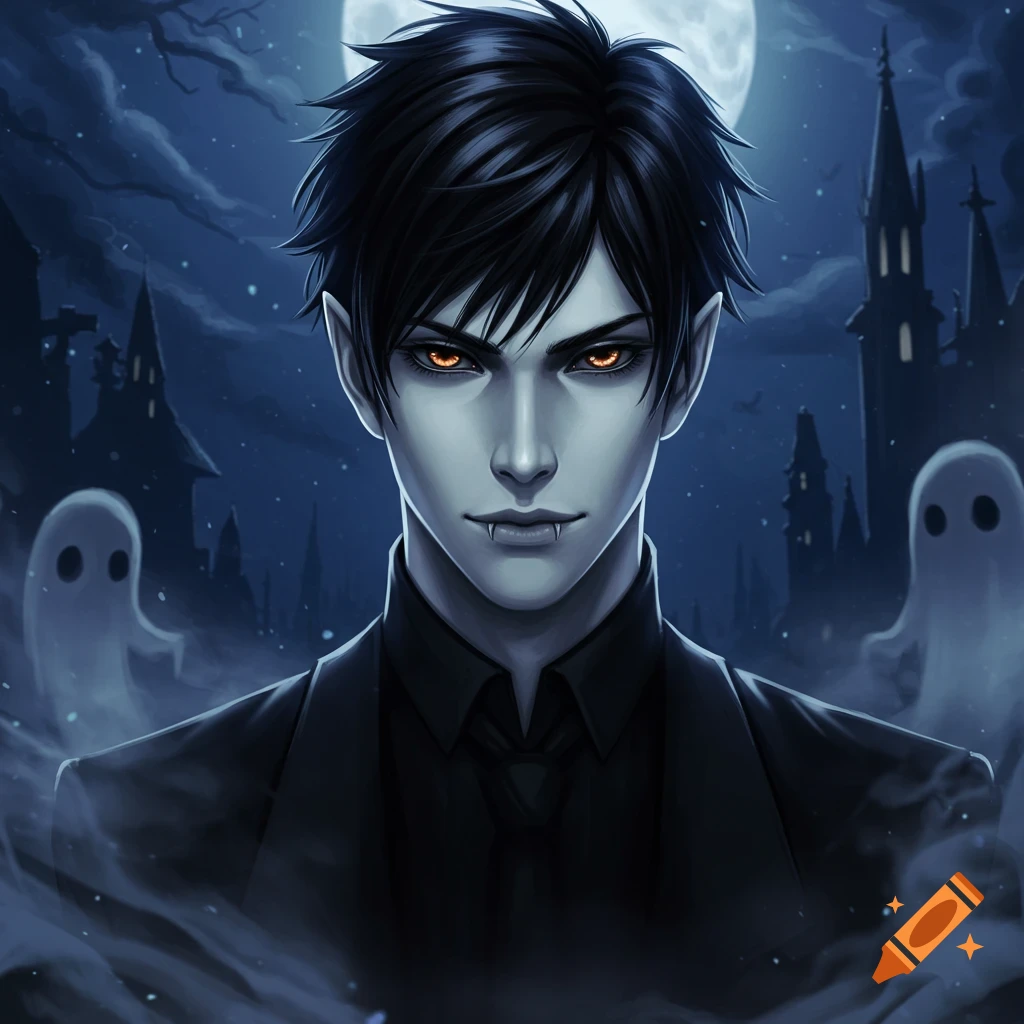 Anime male vampire with spiky black hair, glowing orange eyes, and fangs, wearing a black suit against a moonlit spooky castle background with ghosts.