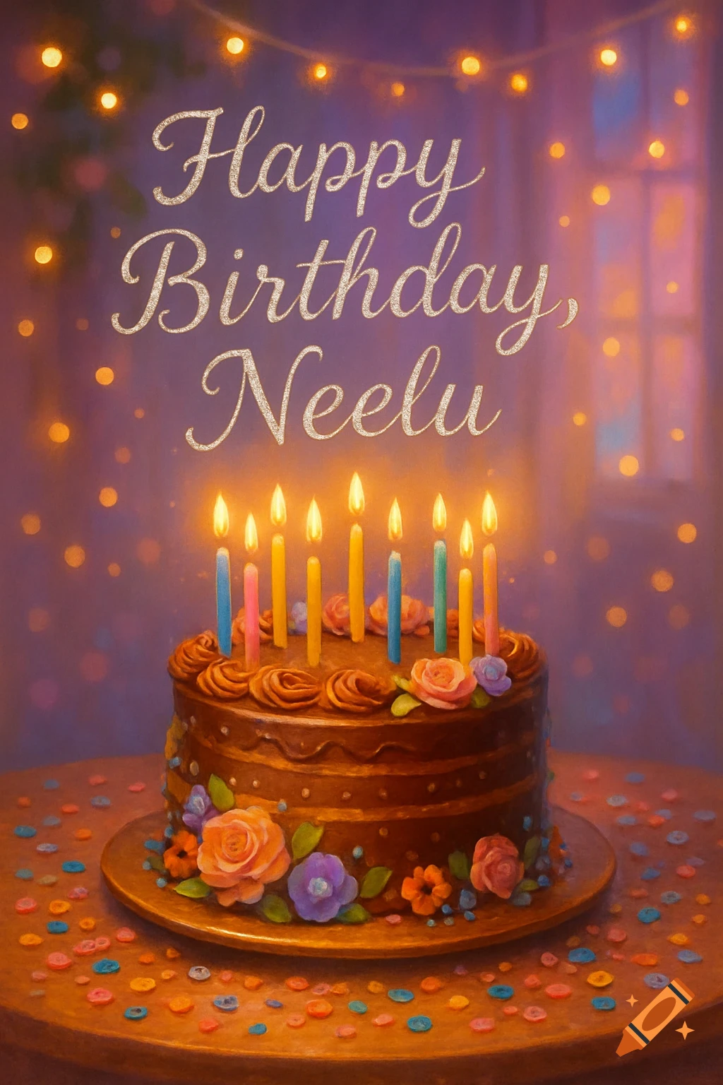 Chocolate birthday cake with lit candles, frosting flowers, and 'Happy Birthday, Neelu' text on a festive, glowing background.