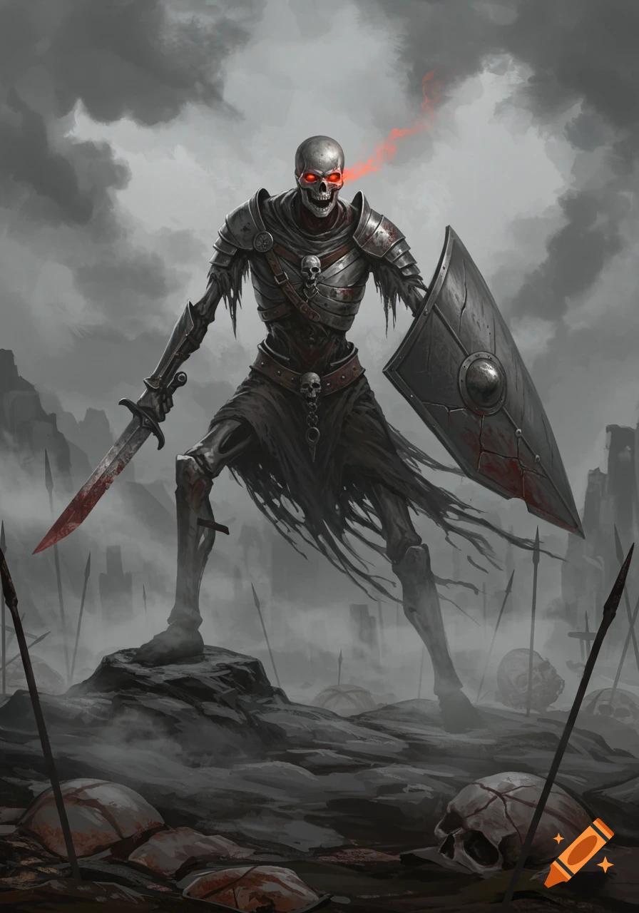 An armored skeletal warrior with glowing red eyes holds a blood-stained sword and shield on a rocky mound in a desolate, dark fantasy landscape.