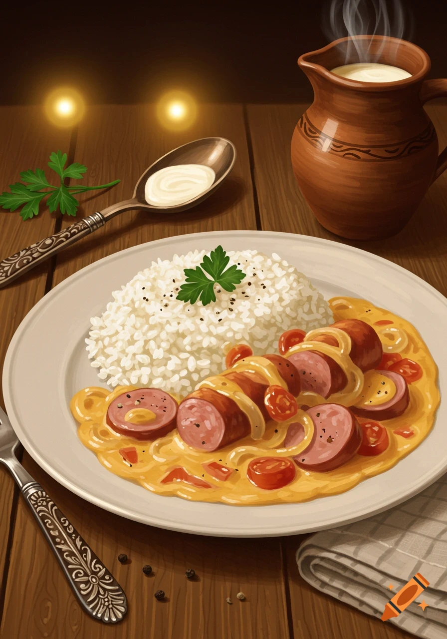Digital illustration of sausage stroganoff with rice, sour cream, and a steaming clay pitcher on a wooden table.
