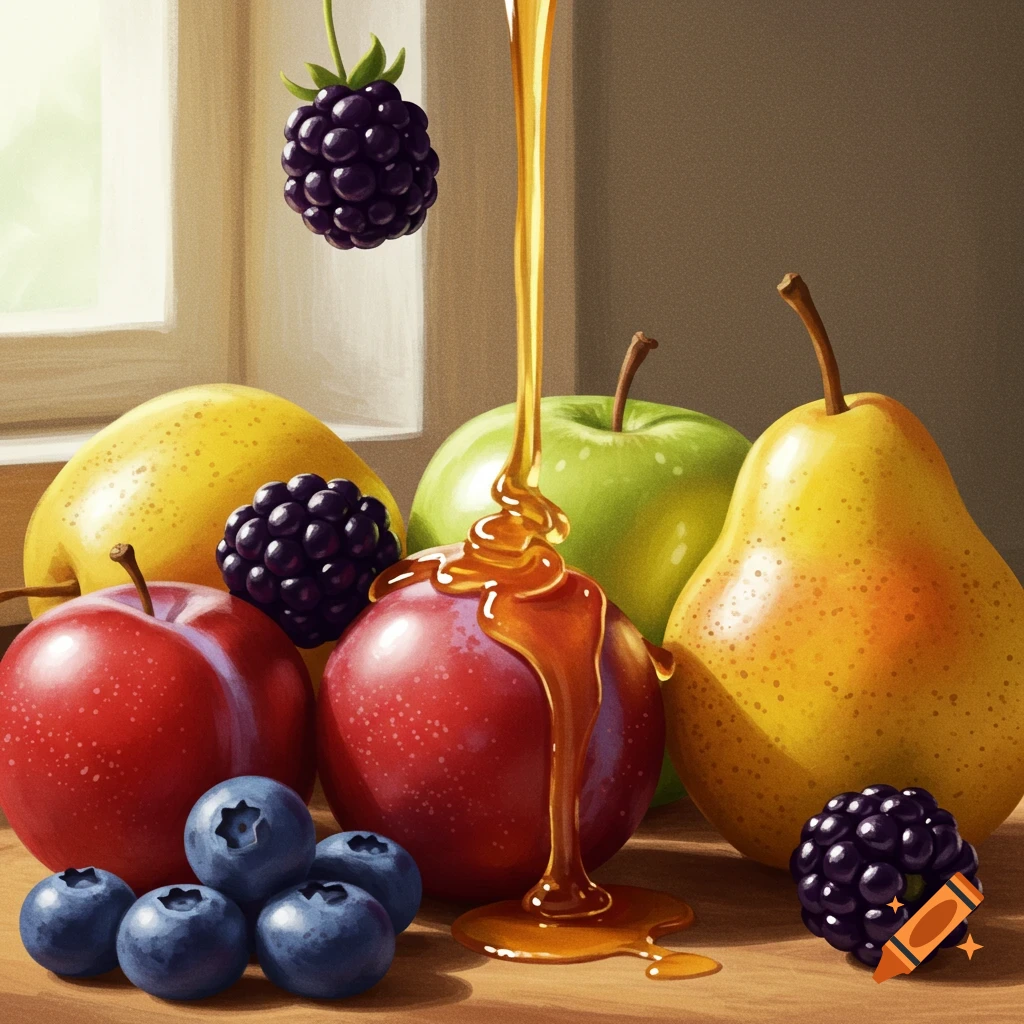 Stylized still life of apples, pears, blueberries, and blackberries with golden honey drizzling over a red apple.