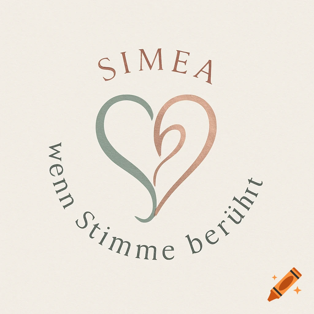 A minimalist logo featuring two intertwined stylized hearts in green-blue and rose-gold, with 'SIMEA' above and 'wenn Stimme berührt' curved below.