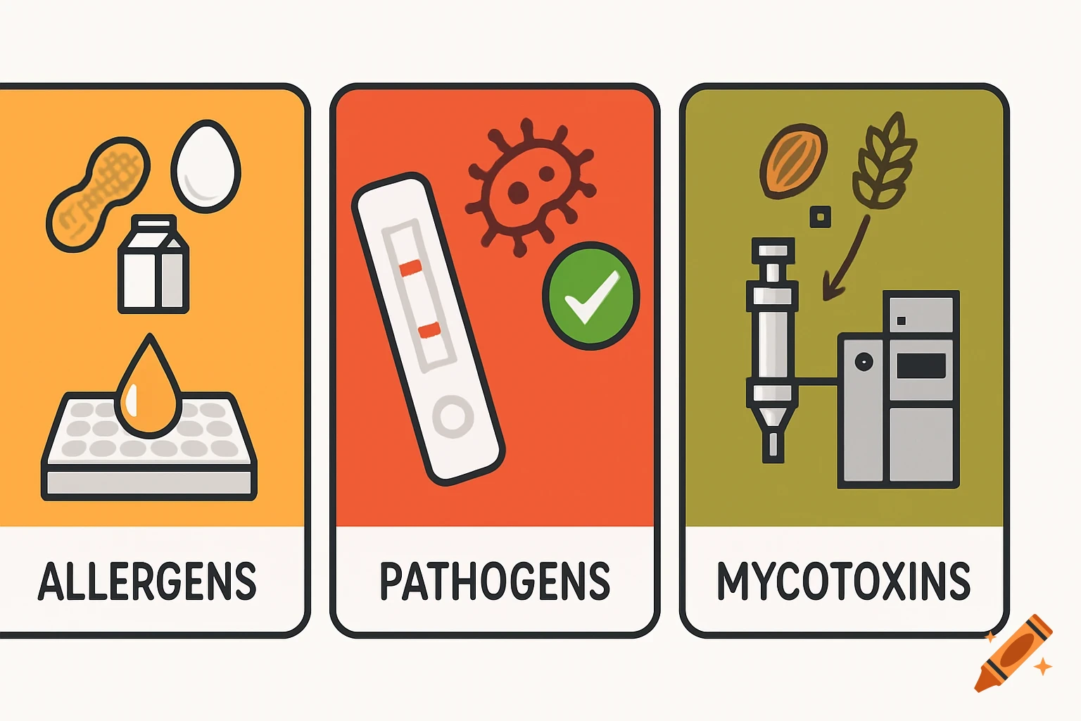 Flat vector infographic with three panels: Allergens, Pathogens, and Mycotoxins, showing related icons.