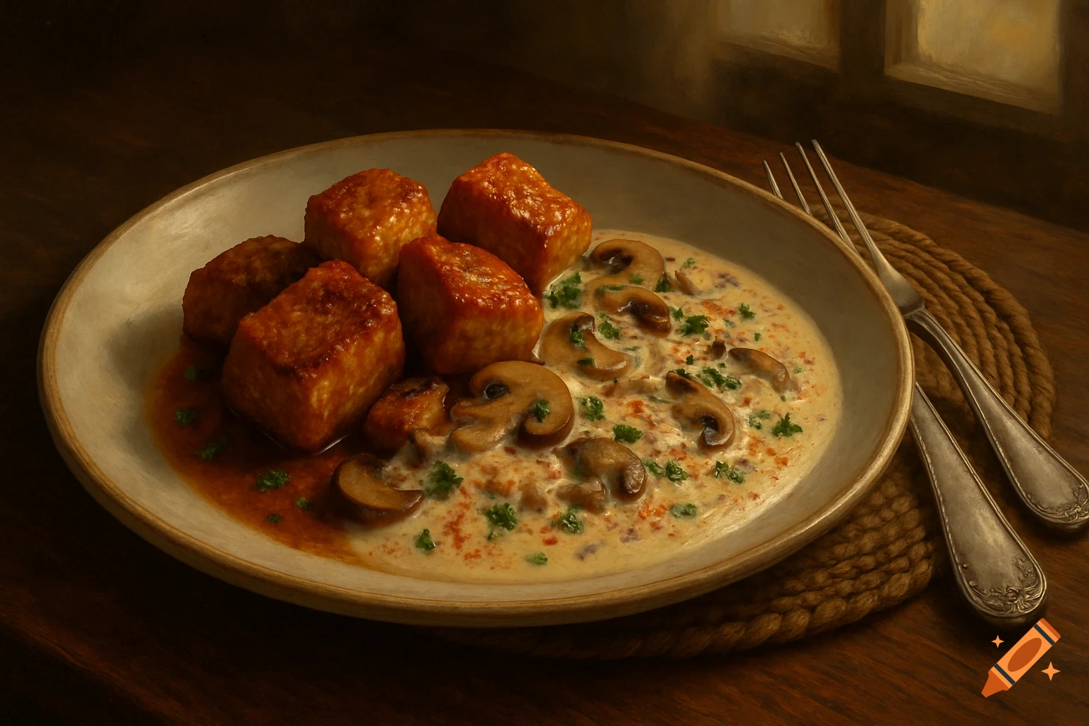 A close-up of a plate with golden-brown tofu squares, mushrooms, and a creamy white sauce with a reddish swirl, garnished with green herbs. Two silver forks rest on a woven mat beside the plate on a dark wooden table.
