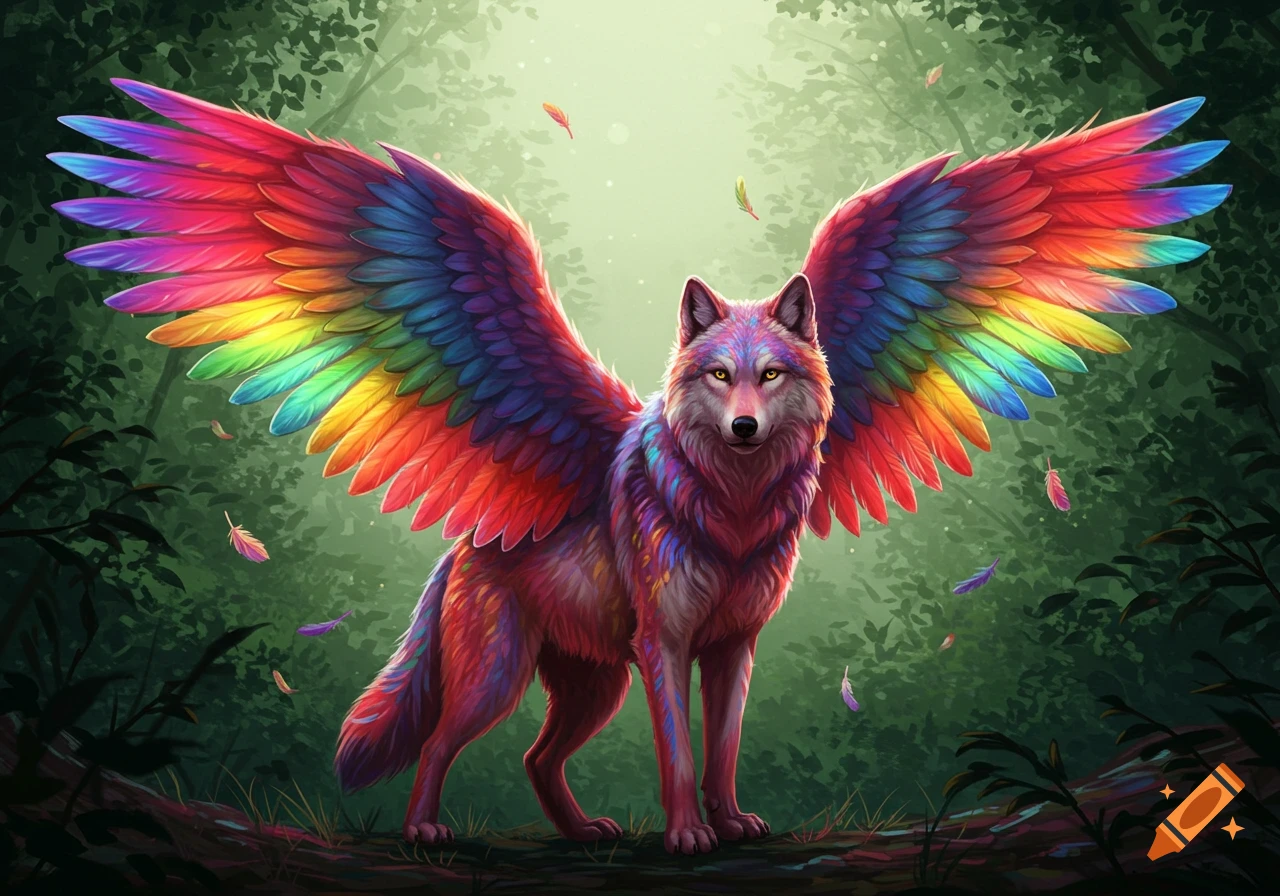 A vibrant, rainbow-colored wolf with large feathery rainbow wings ...