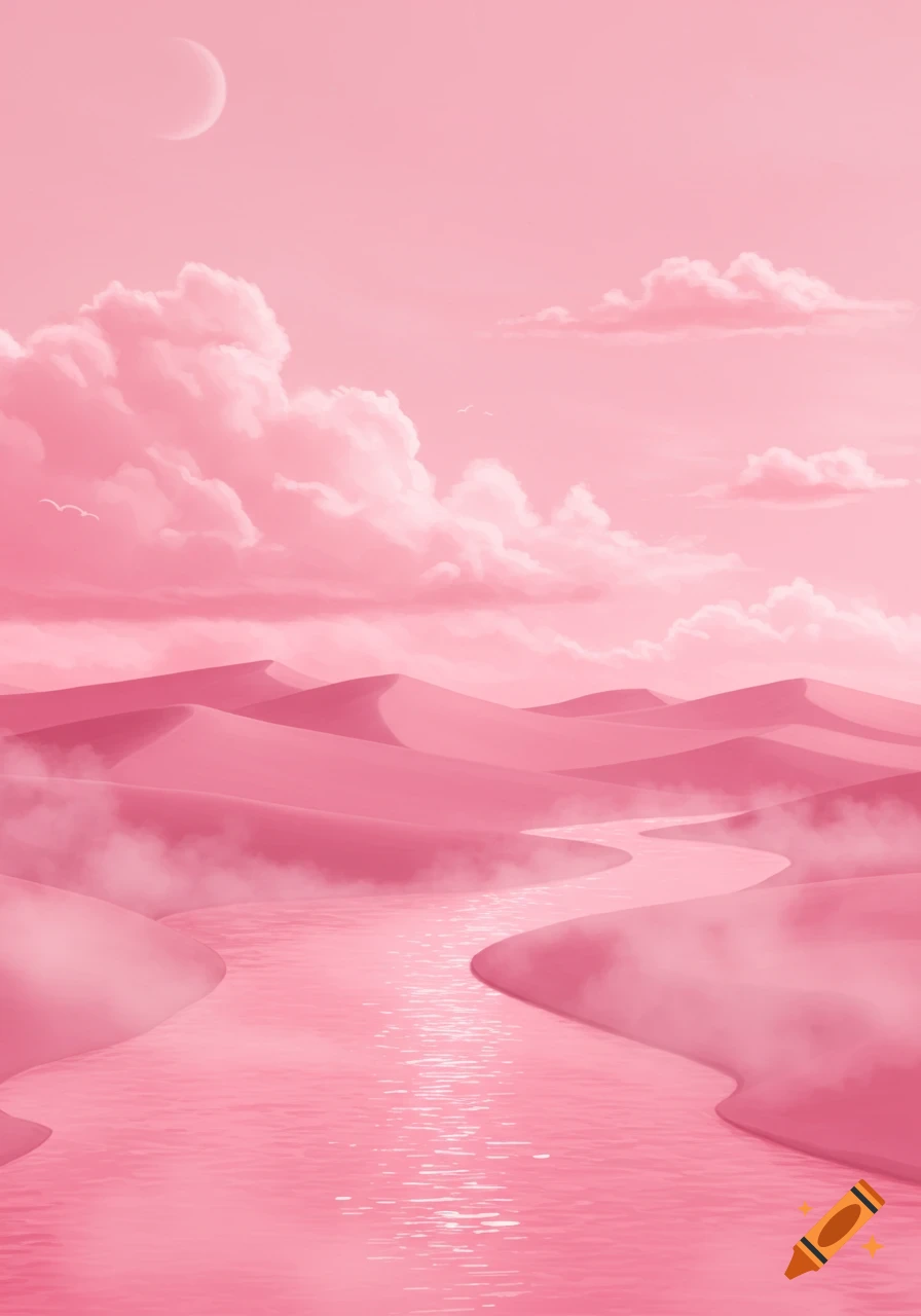 A surreal pink desert landscape with rolling sand dunes, a winding ...