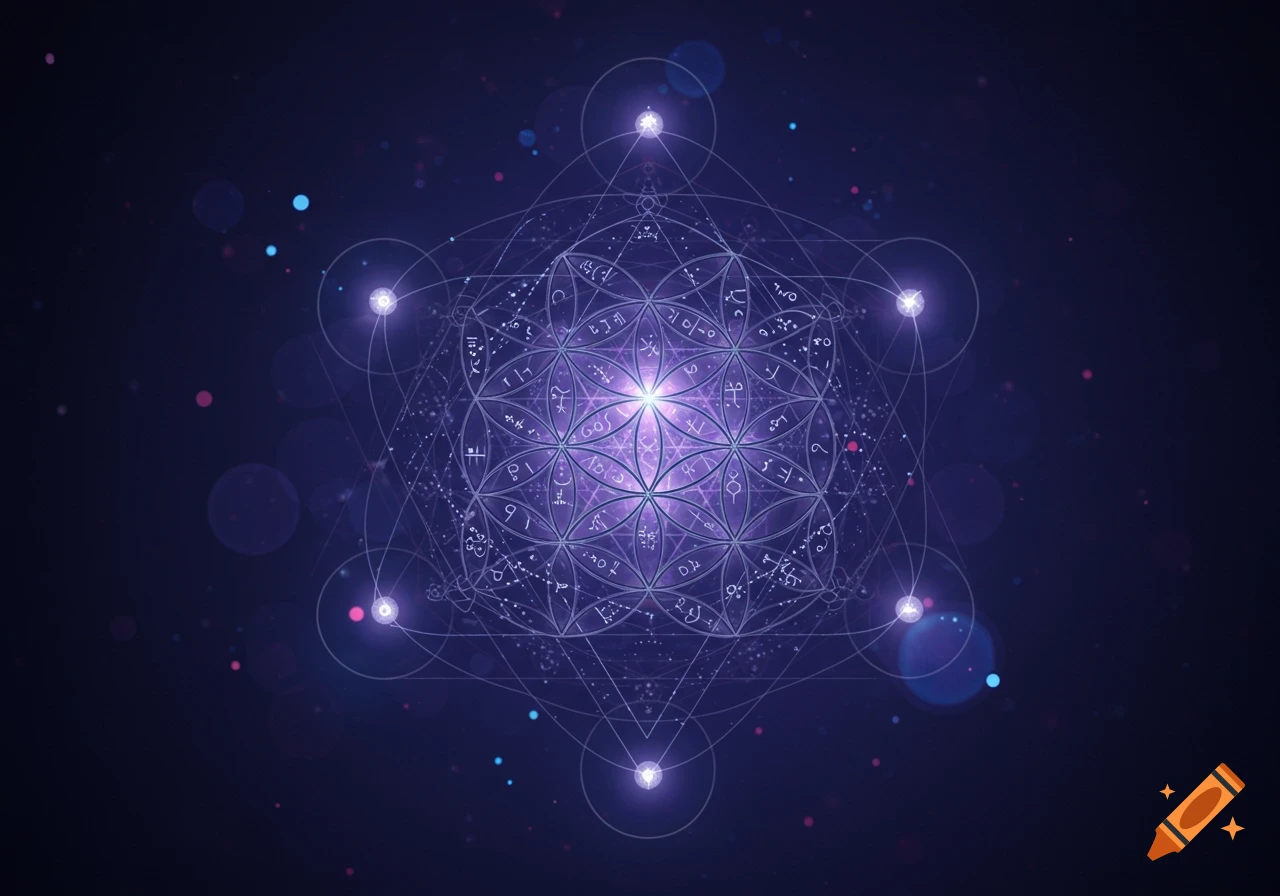 A glowing purple sacred geometry pattern, resembling Metatron's Cube, with intricate lines and symbolic glyphs against a dark, starry background.