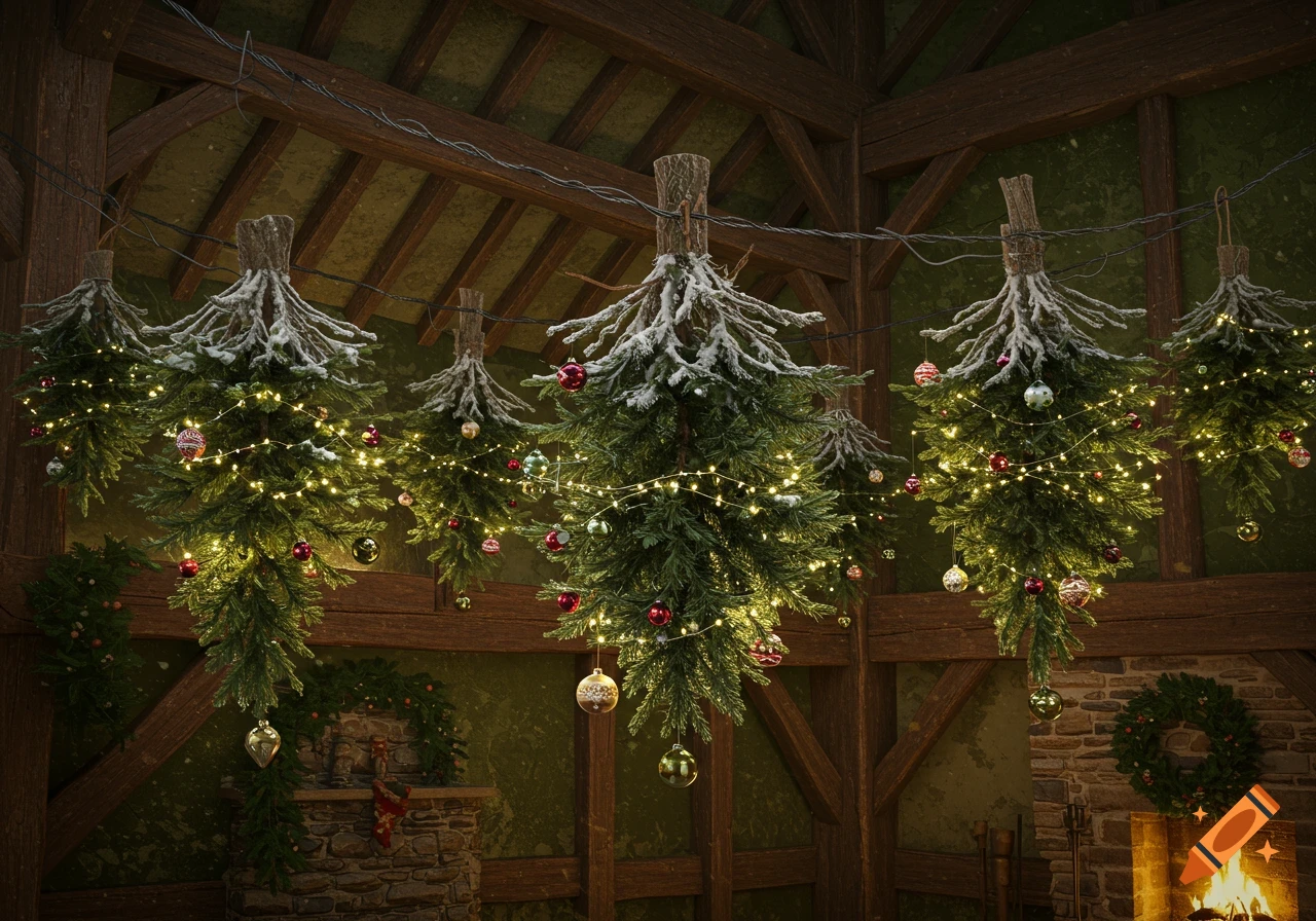 Upside-down Christmas trees decorated with lights and ornaments, hanging from wires in a rustic room with wooden beams and a fireplace.