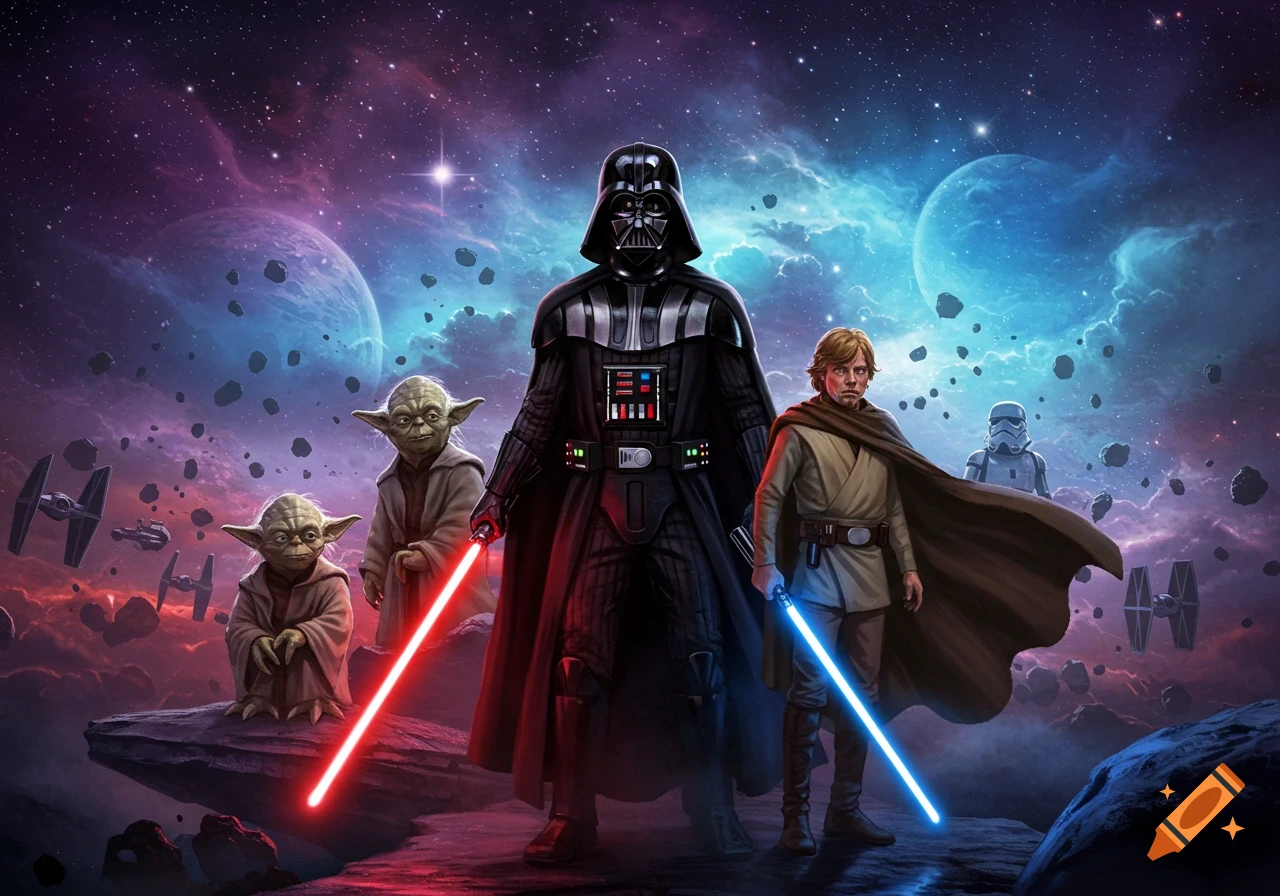A vibrant Star Wars illustration featuring Darth Vader, Luke Skywalker ...