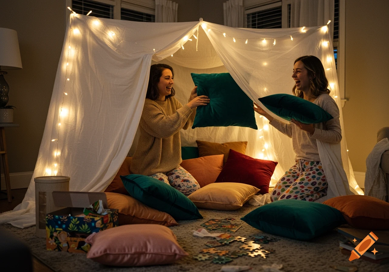 Two women laughing and playing with pillows in a cozy, string-light-decorated pillow fort in a living room.