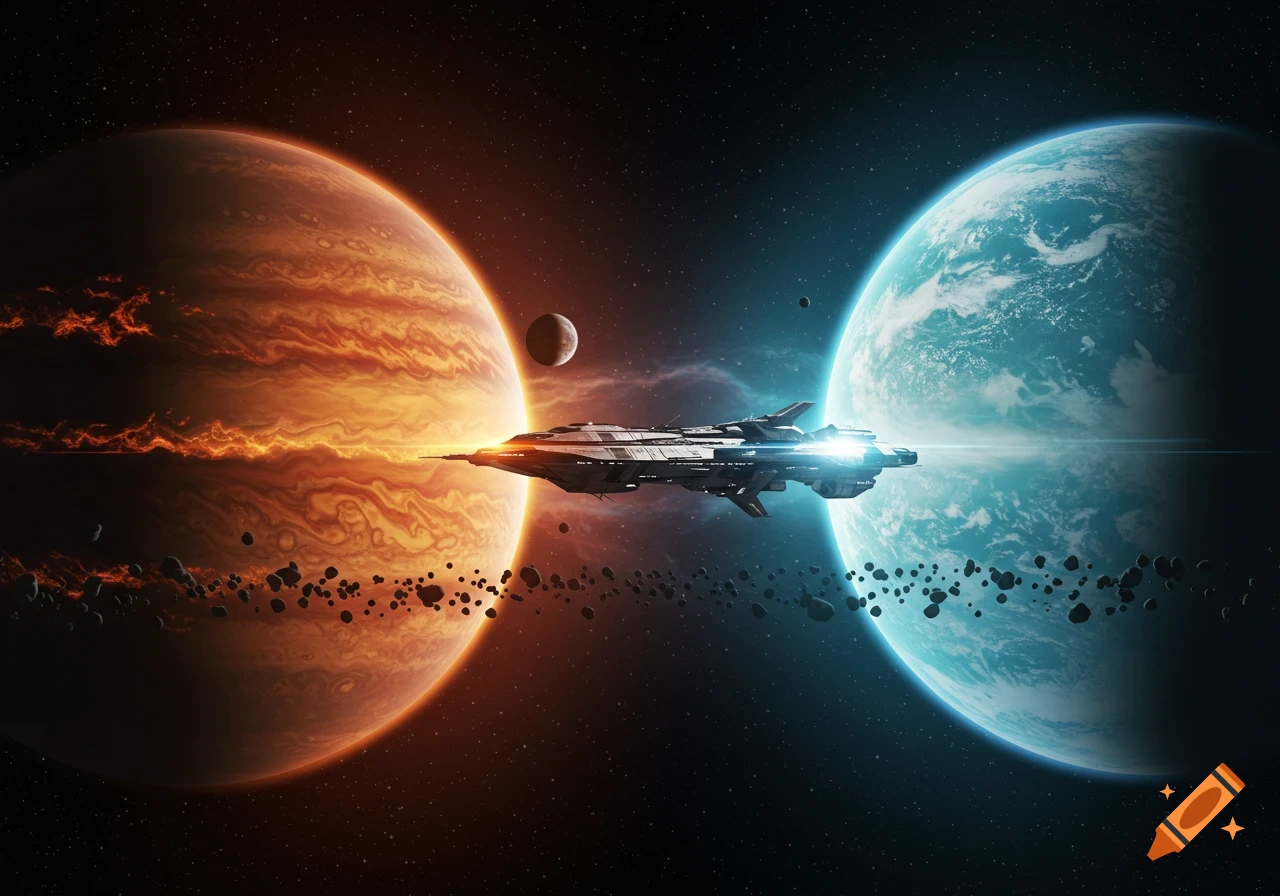 A futuristic spaceship flies through an asteroid field between a large orange-red gas giant and a blue-green planet in space.