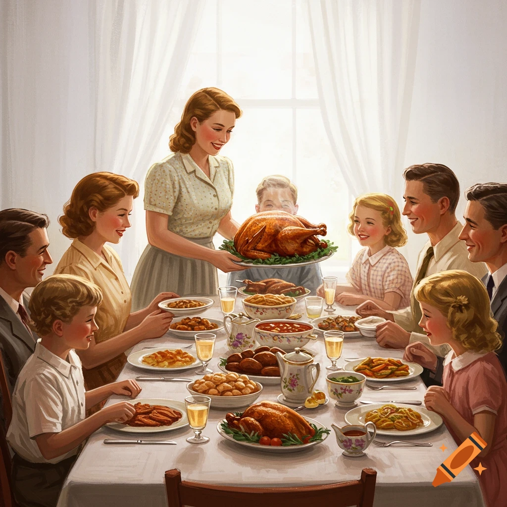 A 1940s extended family enjoys Thanksgiving dinner, with a woman serving a roast turkey at a table laden with food, vintage illustration style.