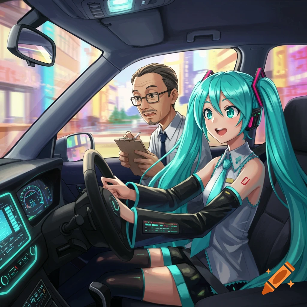 Hatsune Miku with long teal pigtails smiles while driving a car, a male instructor observes from the passenger seat in anime style.
