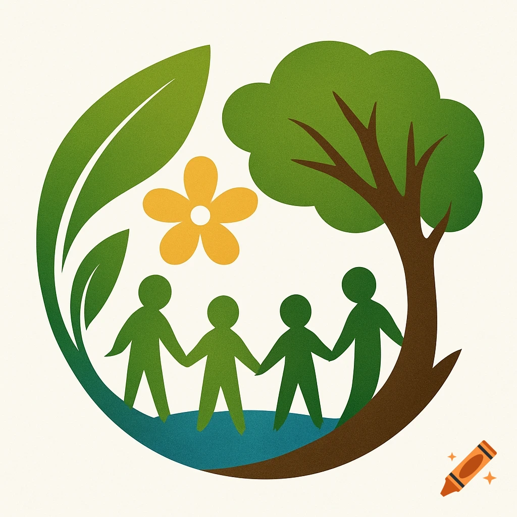Circular logo symbolizing community and nature, with green figures, a tree, a leaf, and a yellow flower.