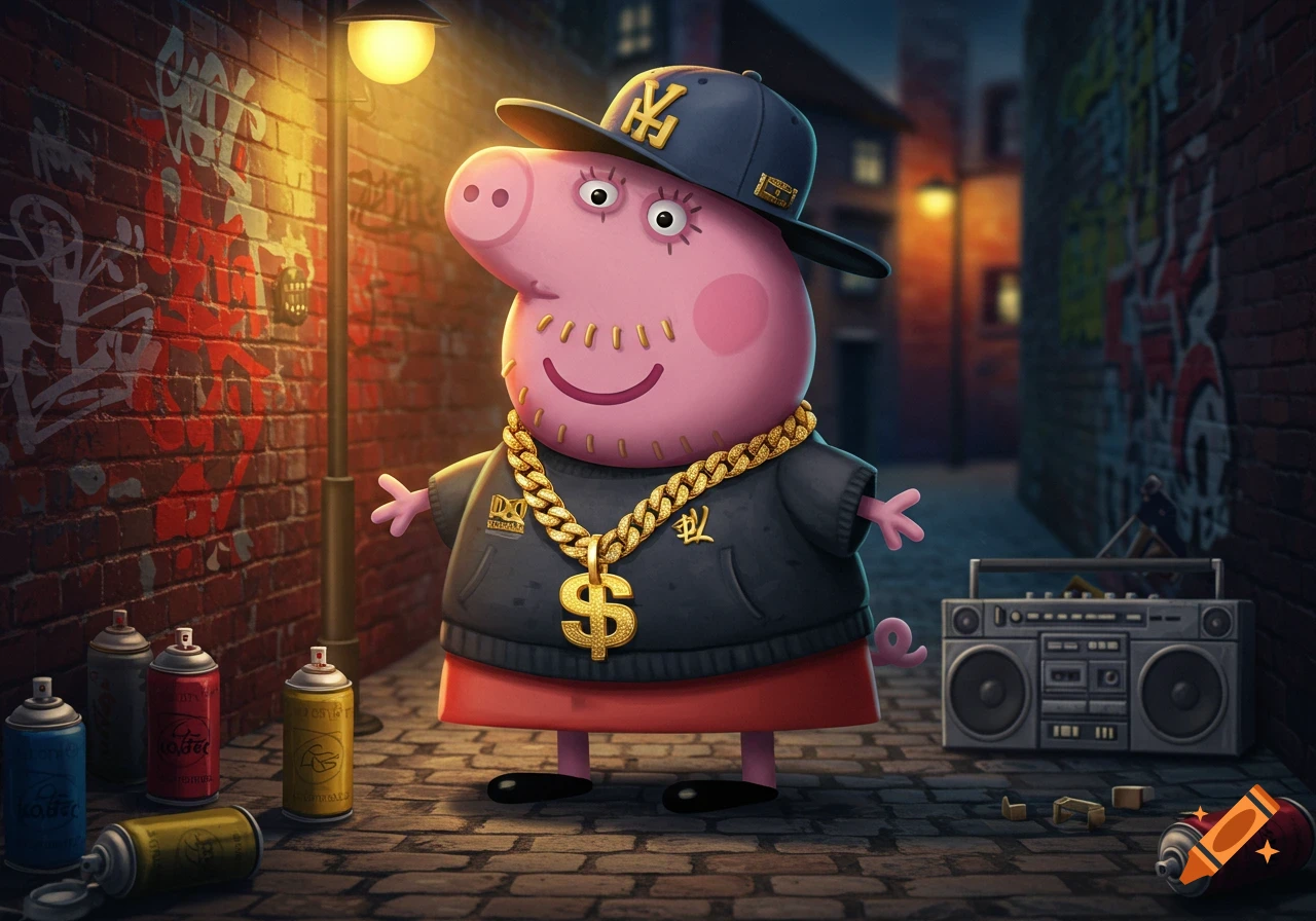 Peppa Pig dressed as a gangsta, wearing a backward baseball cap, gold chain, and hoodie, standing in an alley with graffiti and spray cans.