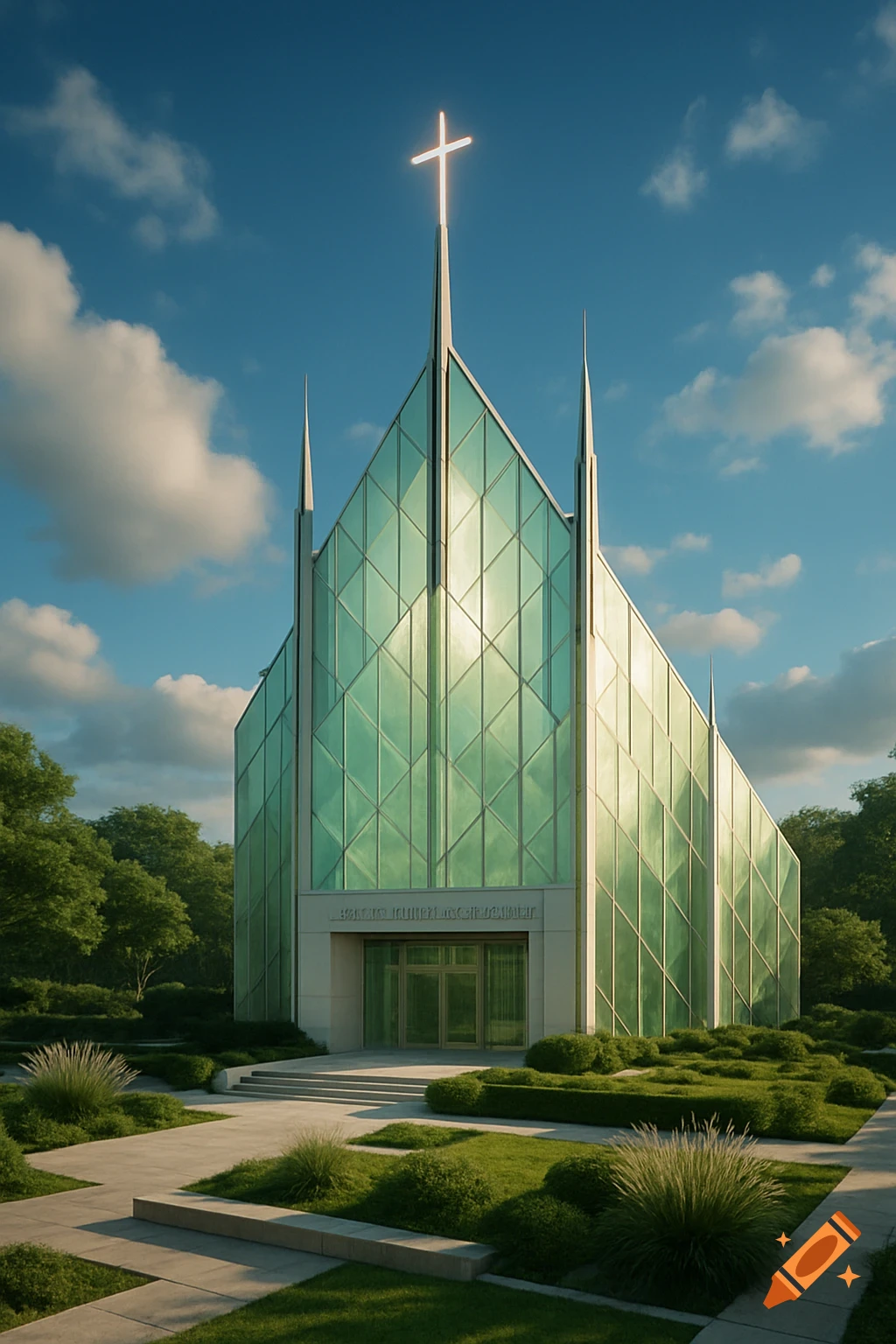 A modern church with a green glass facade and a glowing cross on its spire, surrounded by lush green landscaping under a blue sky.