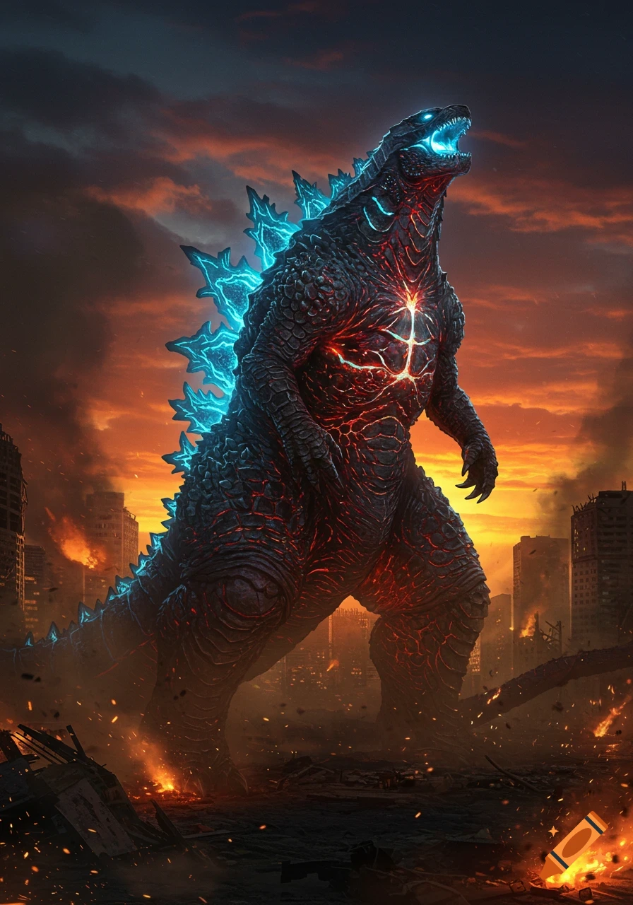 A towering Godzilla with glowing blue spines and a red glowing chest roars in a burning, destroyed city under an orange sky.