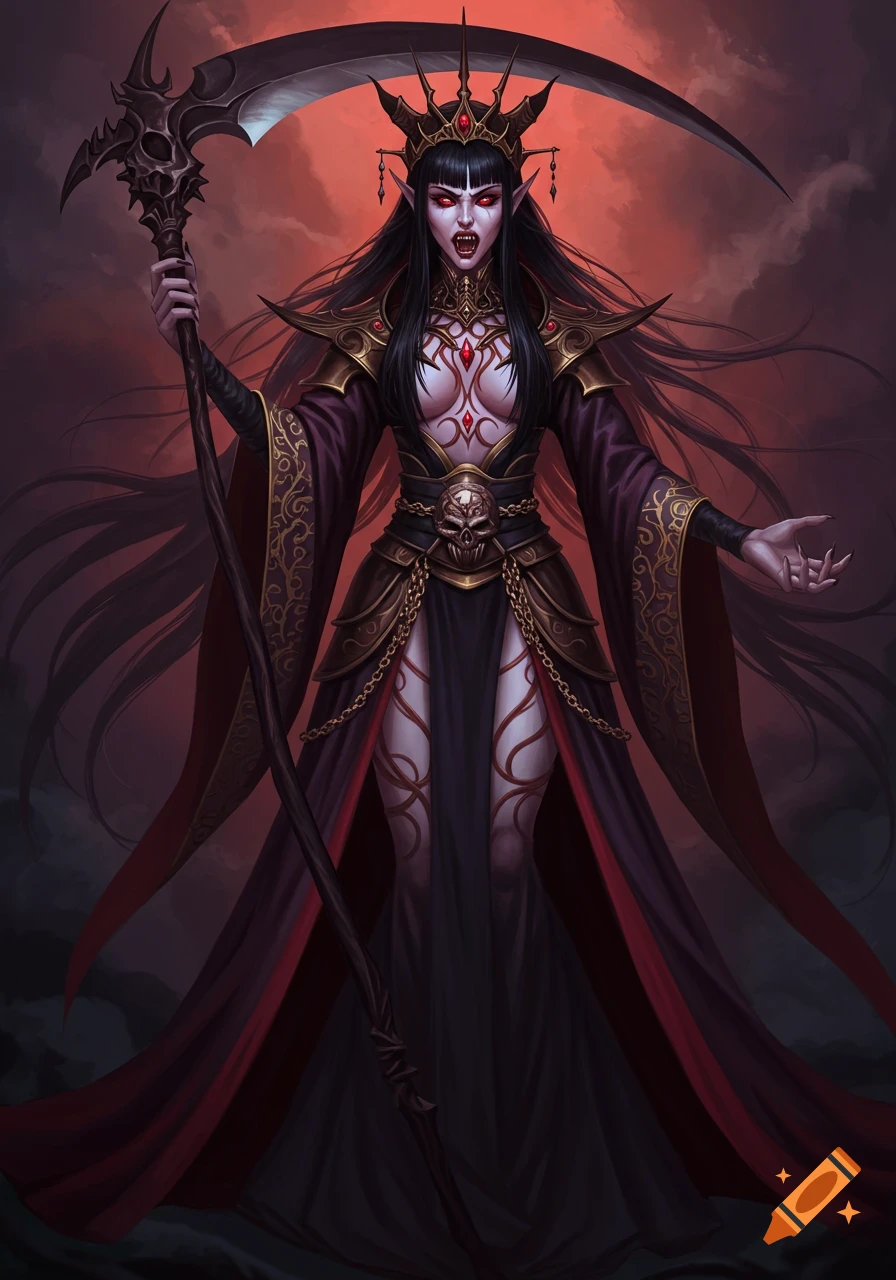 A full-body digital painting of an evil vampire queen with long black hair, red eyes, and fangs, wearing an intricate gothic outfit with demonic markings, holding a scythe.