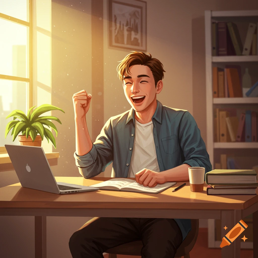 An elated animated man with a fist in the air, laughing while sitting at a desk with a laptop, book, and coffee cup, bathed in warm sunlight.