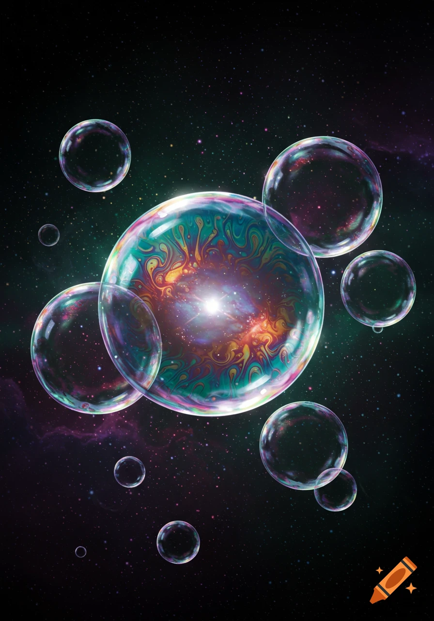 Multiple iridescent soap bubbles float in dark cosmic space, with a swirling galaxy pattern inside the largest central bubble.