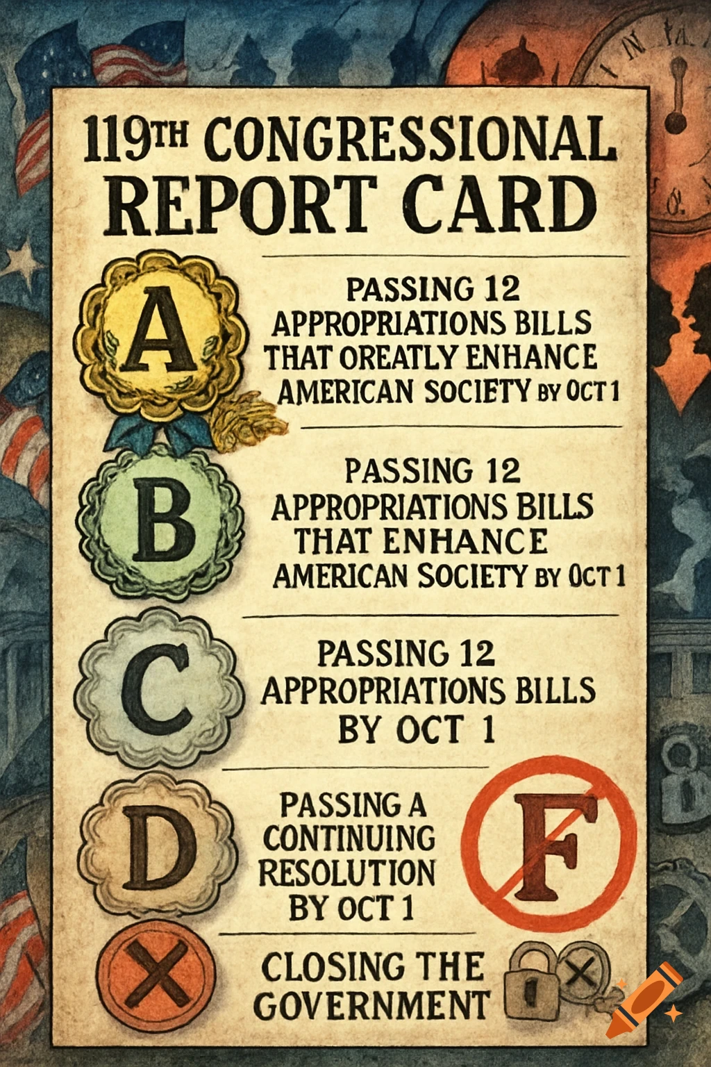 A vintage-style political cartoon report card titled '119th Congressional Report Card' with grades A through F, criticizing government performance. The F grade, 'Closing the Government,' is circled in red.