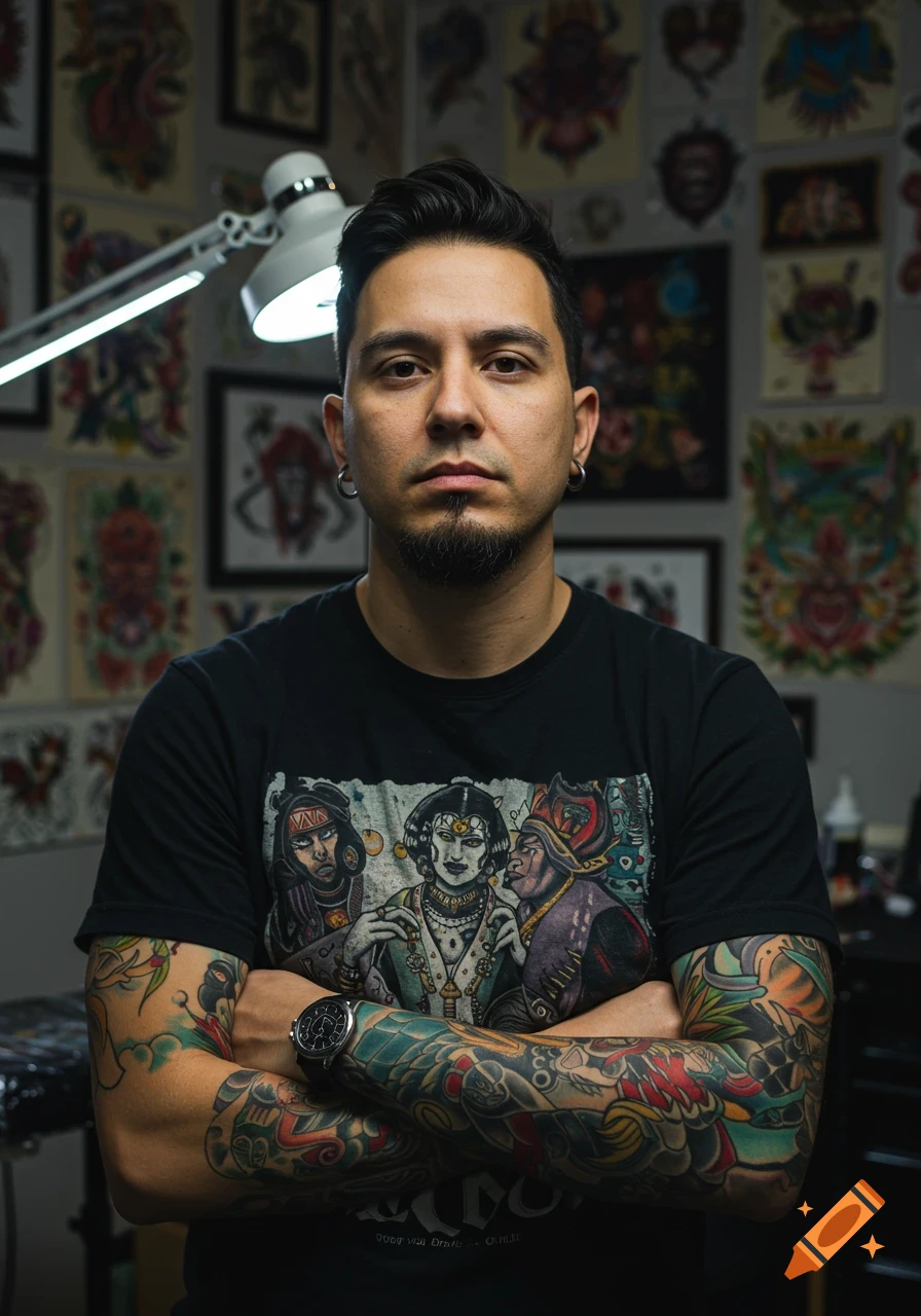 A portrait of a tattooed man with a beard, wearing a black t-shirt, arms crossed, in a tattoo studio.