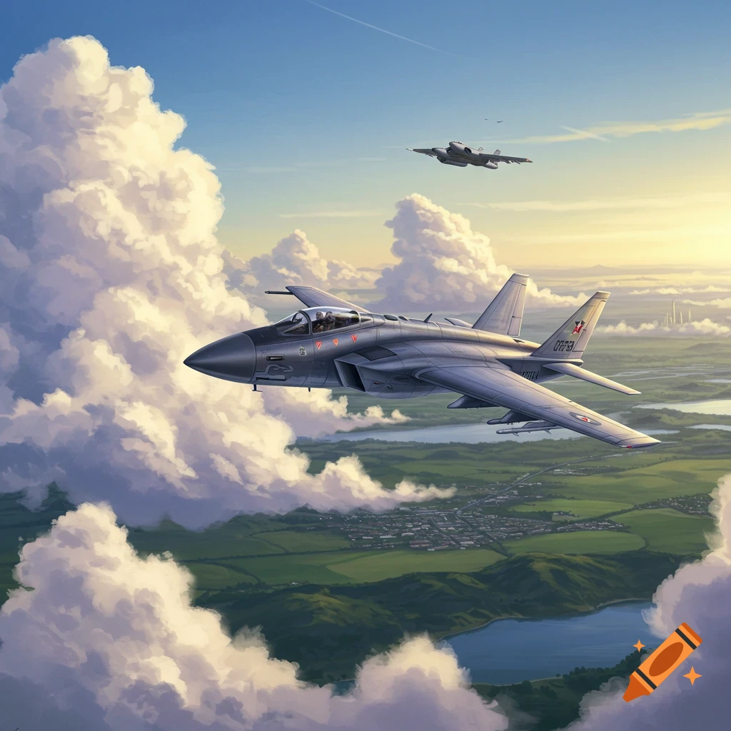Two grey fighter jets fly through white clouds above a green landscape with rivers and a town at sunset.