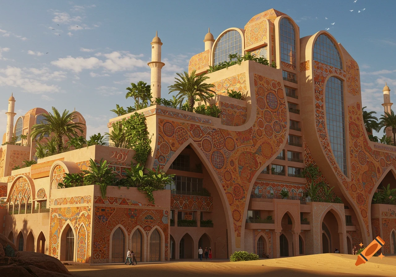 An ornate, multi-tiered desert building with minarets, domes, and intricate orange patterns, featuring palm trees on terraces under a sunny sky.
