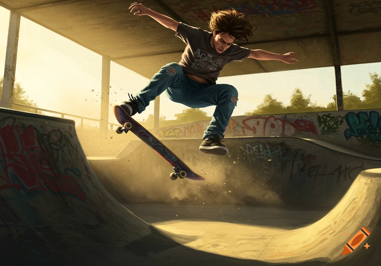 An illustrated skateboarder in ripped jeans and a t-shirt jumps in mid-air with their board in a graffiti-covered concrete skate park at sunset.