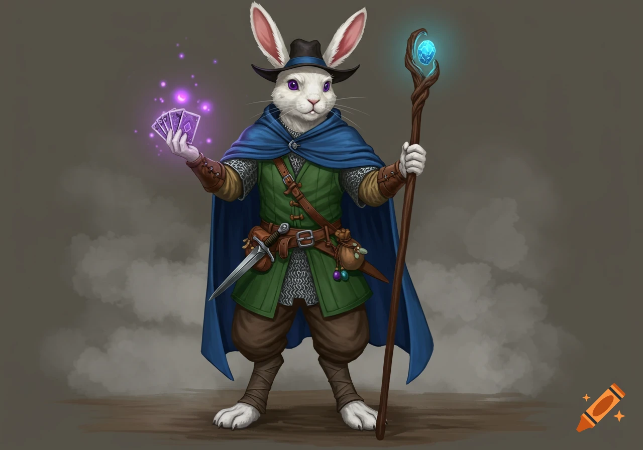 A detailed fantasy illustration of a white-furred humanoid rabbit wearing a black top hat, blue cloak, and green vest. He holds glowing purple playing cards and a staff with a blue crystal.