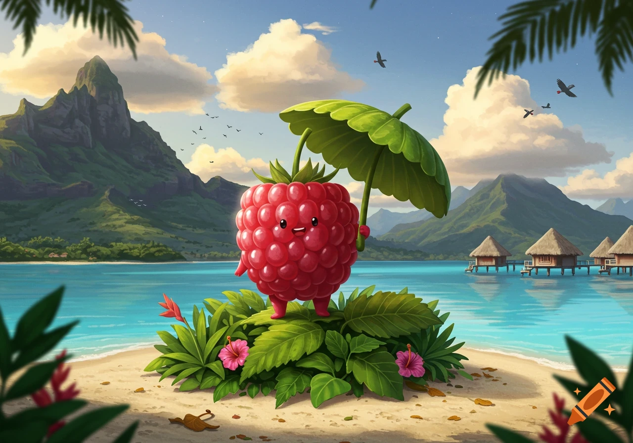 Smiling raspberry cartoon character with a leaf umbrella on a tropical beach, featuring mountains, turquoise water, and overwater bungalows.