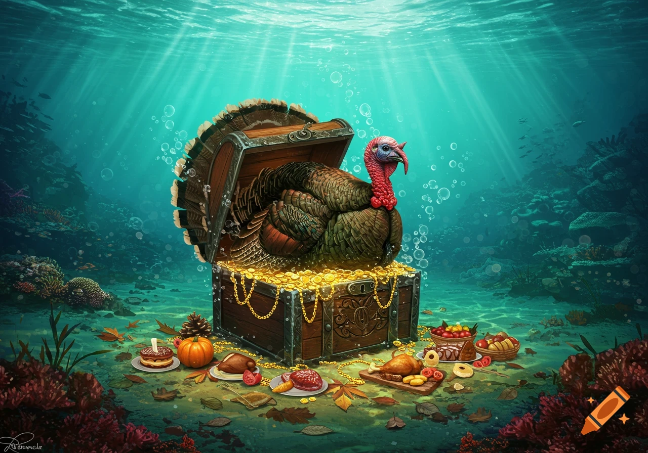 A turkey emerges from an open treasure chest overflowing with gold coins on the ocean floor, surrounded by autumn leaves and Thanksgiving food items.