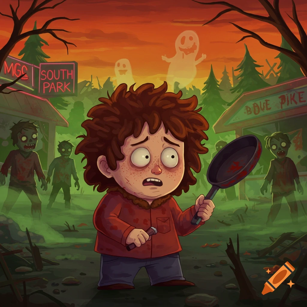 Cartoon boy with brown hair holds a bloody frying pan, scared amidst zombies and ghosts in a South Park-style apocalyptic town.