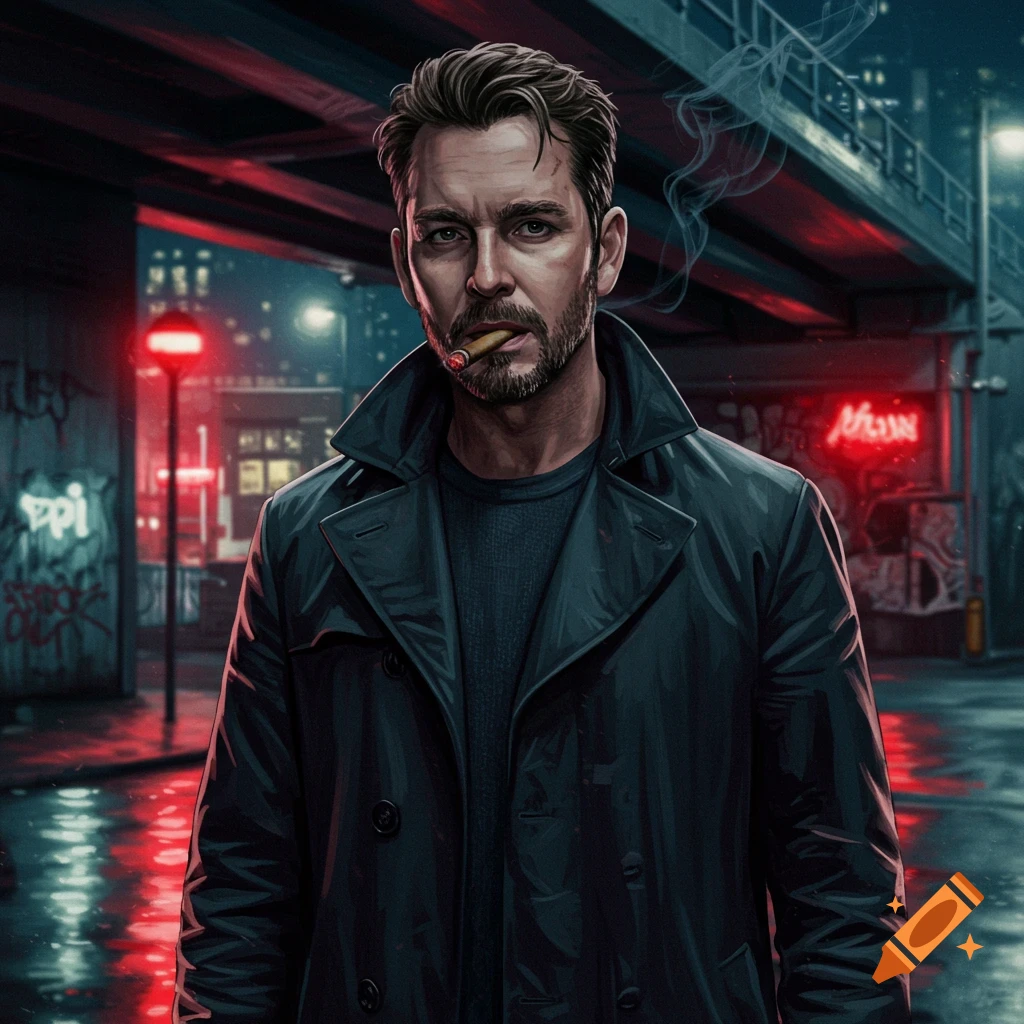 A stylized portrait of a serious man with a beard and trench coat, smoking a cigar on a dark, neon-lit city street under an overpass.