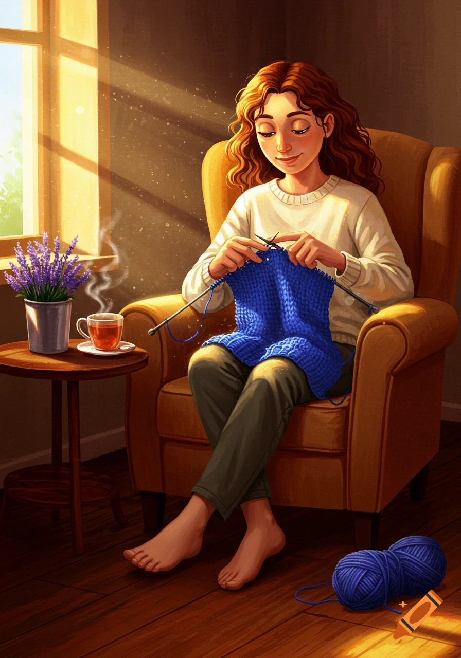 Illustrated woman knitting a blue sweater in a cozy armchair by a sunny window, with tea and lavender nearby.