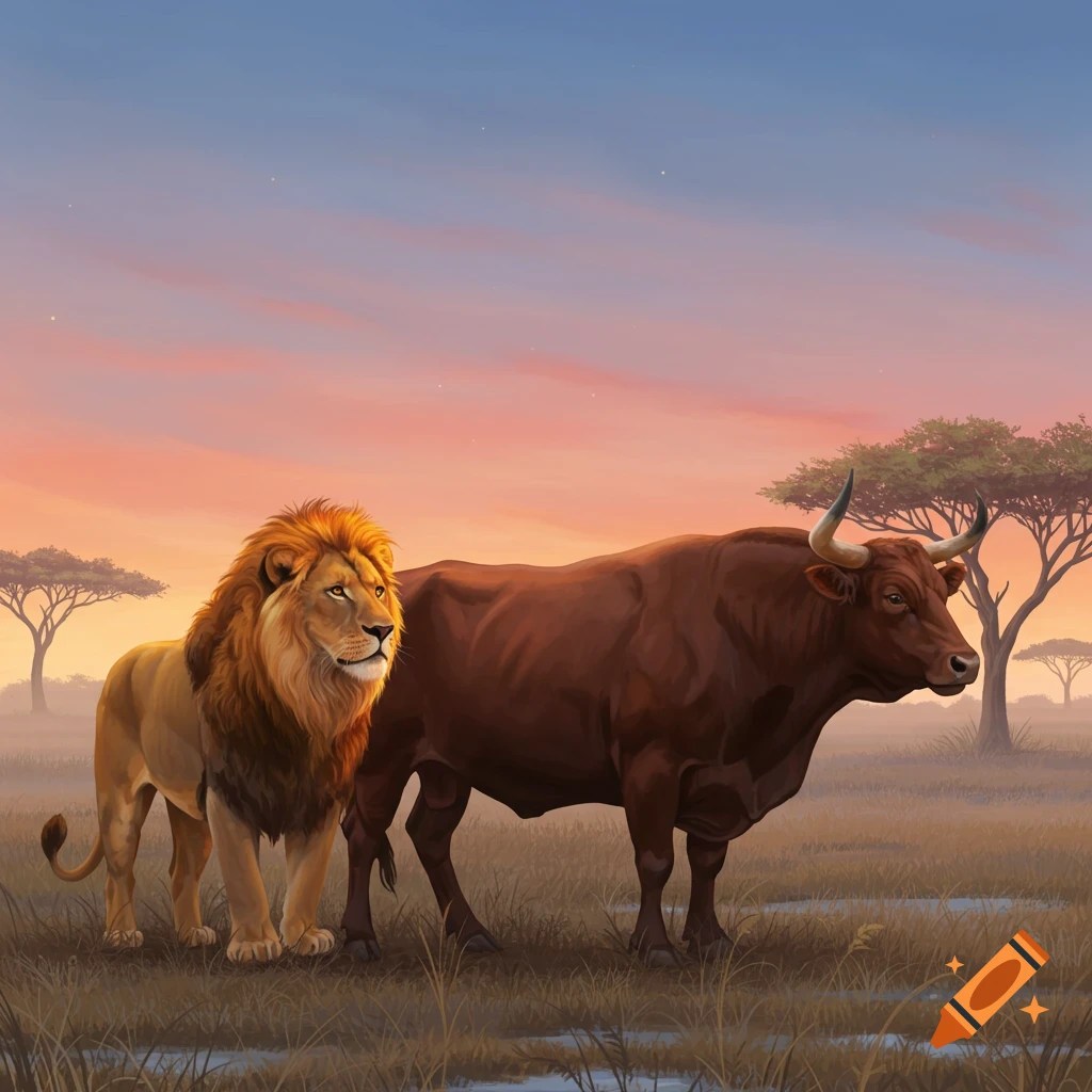 A majestic lion stands next to a large brown bull in a vast savanna under a colorful sunset sky.