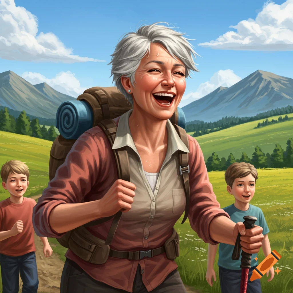 A smiling older woman with a backpack and two children hiking in a sunny, green mountain landscape. Illustration style.
