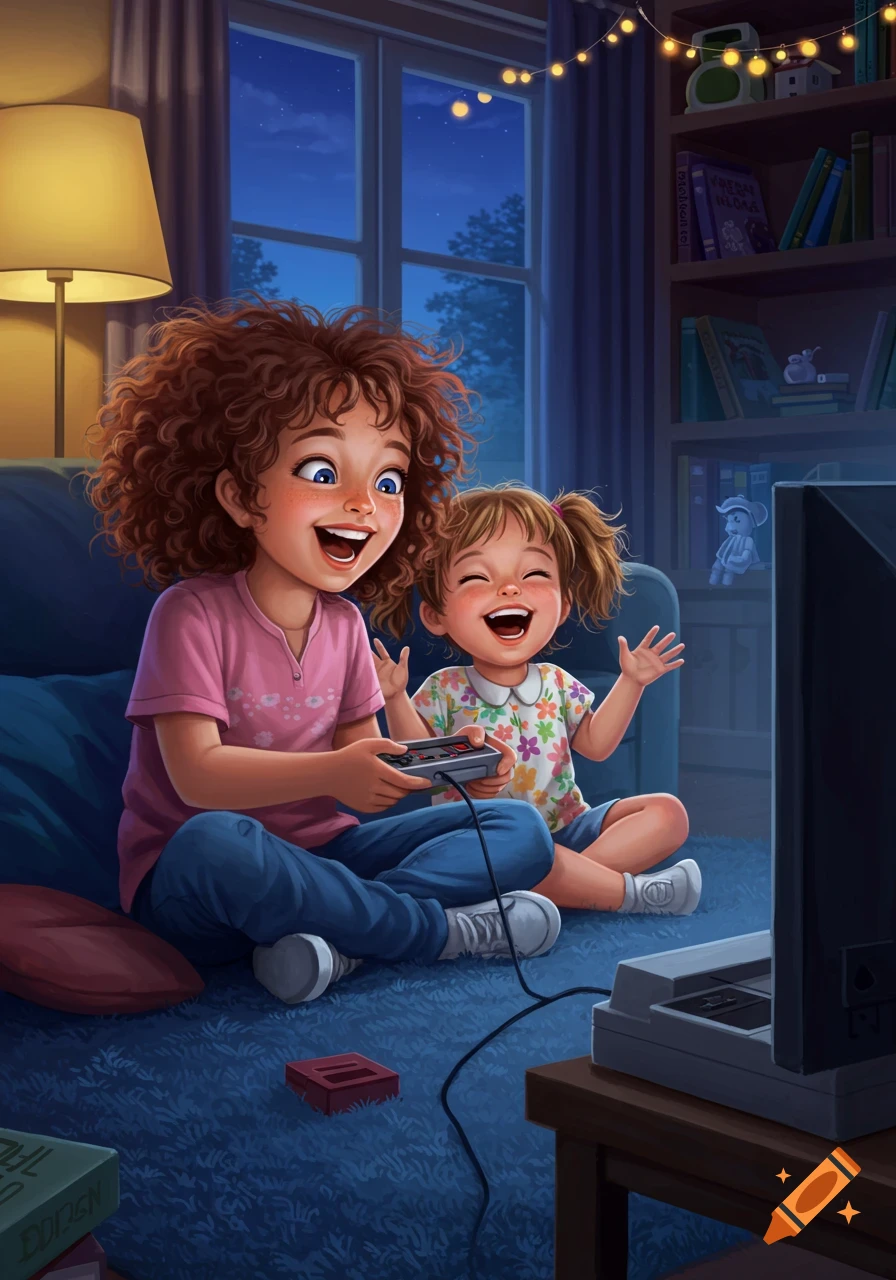 Two happy cartoon girls playing a retro video game in a cozy living room at night.