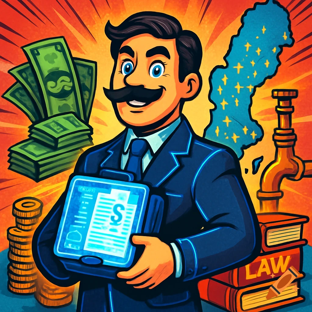 Cartoon male legal expert with a mustache, in a suit, holding a digital briefcase, surrounded by money, law books, and a map of Sweden.