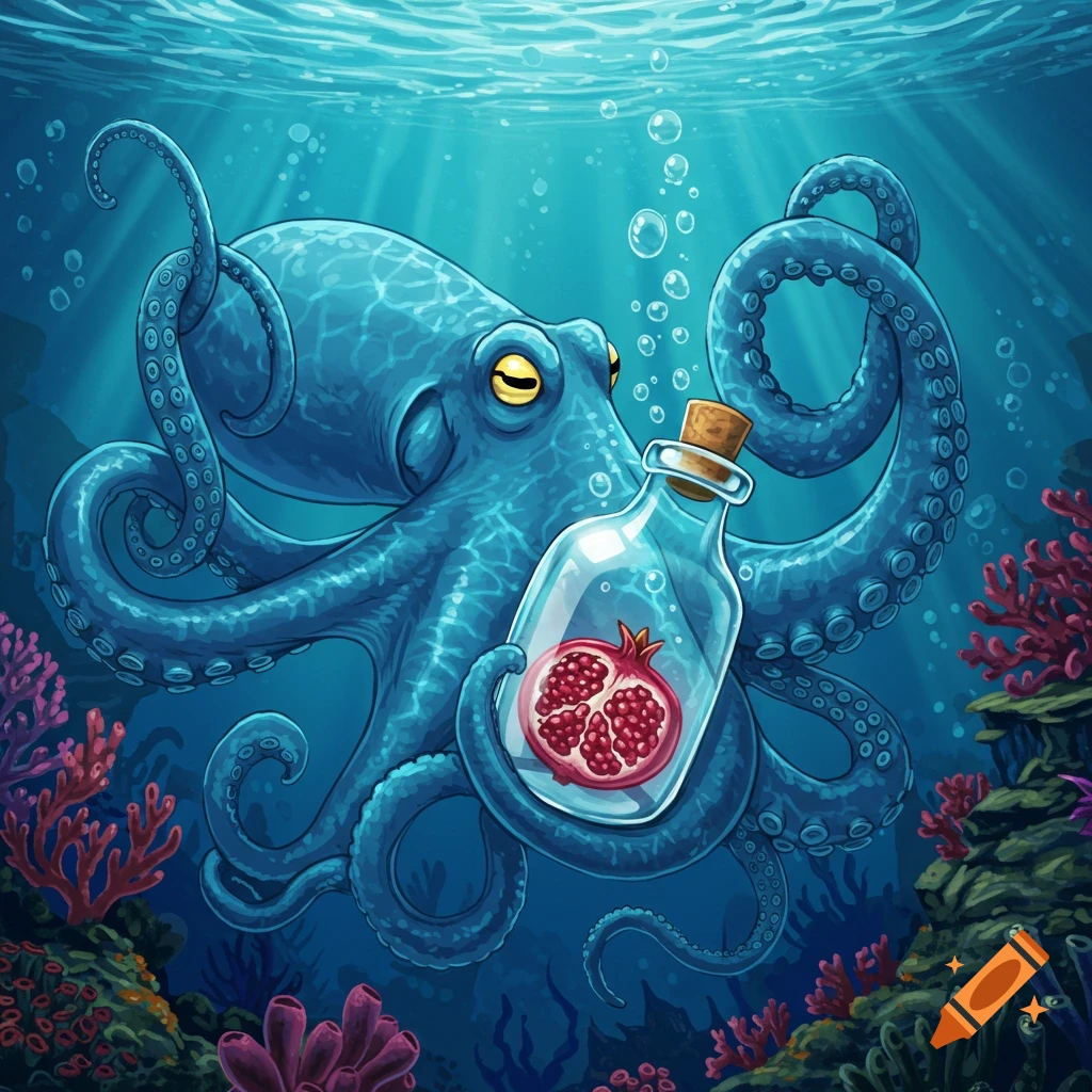 A vibrant cartoon illustration of a blue octopus holding a clear bottle with a sliced pomegranate inside, underwater with coral and bubbles.